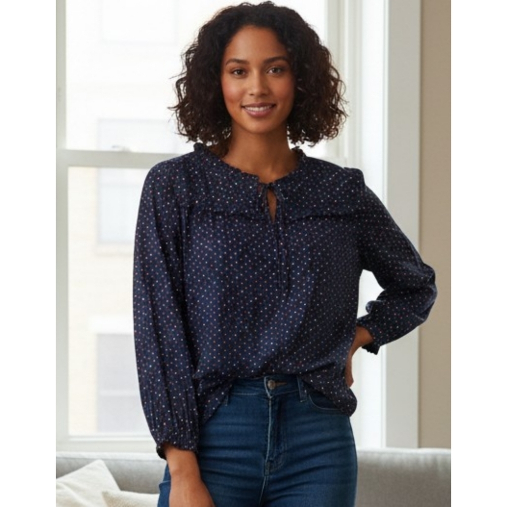 Talbots Polka dot Blouse Size L Petite Navy